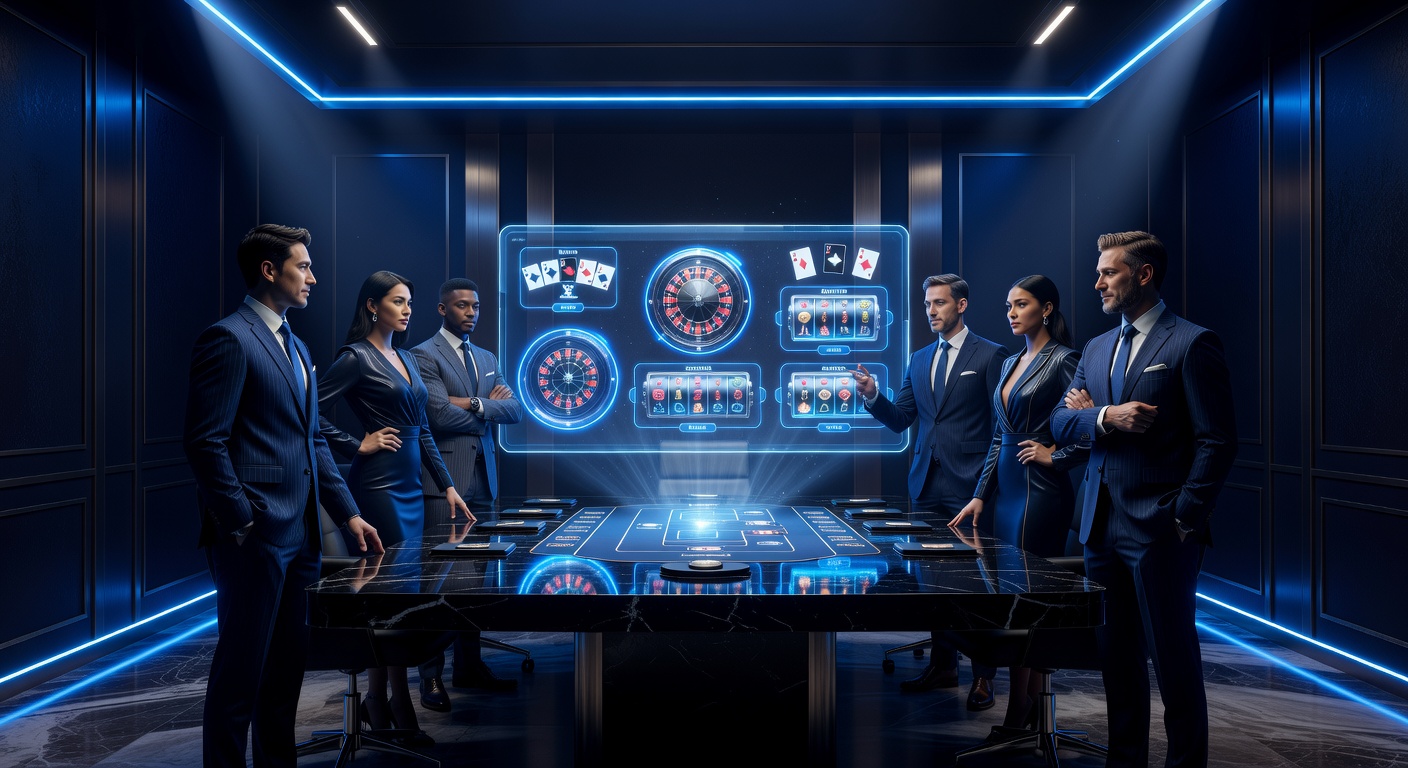 Premium social casino team and platform concept with dark luxury and blue neon accents